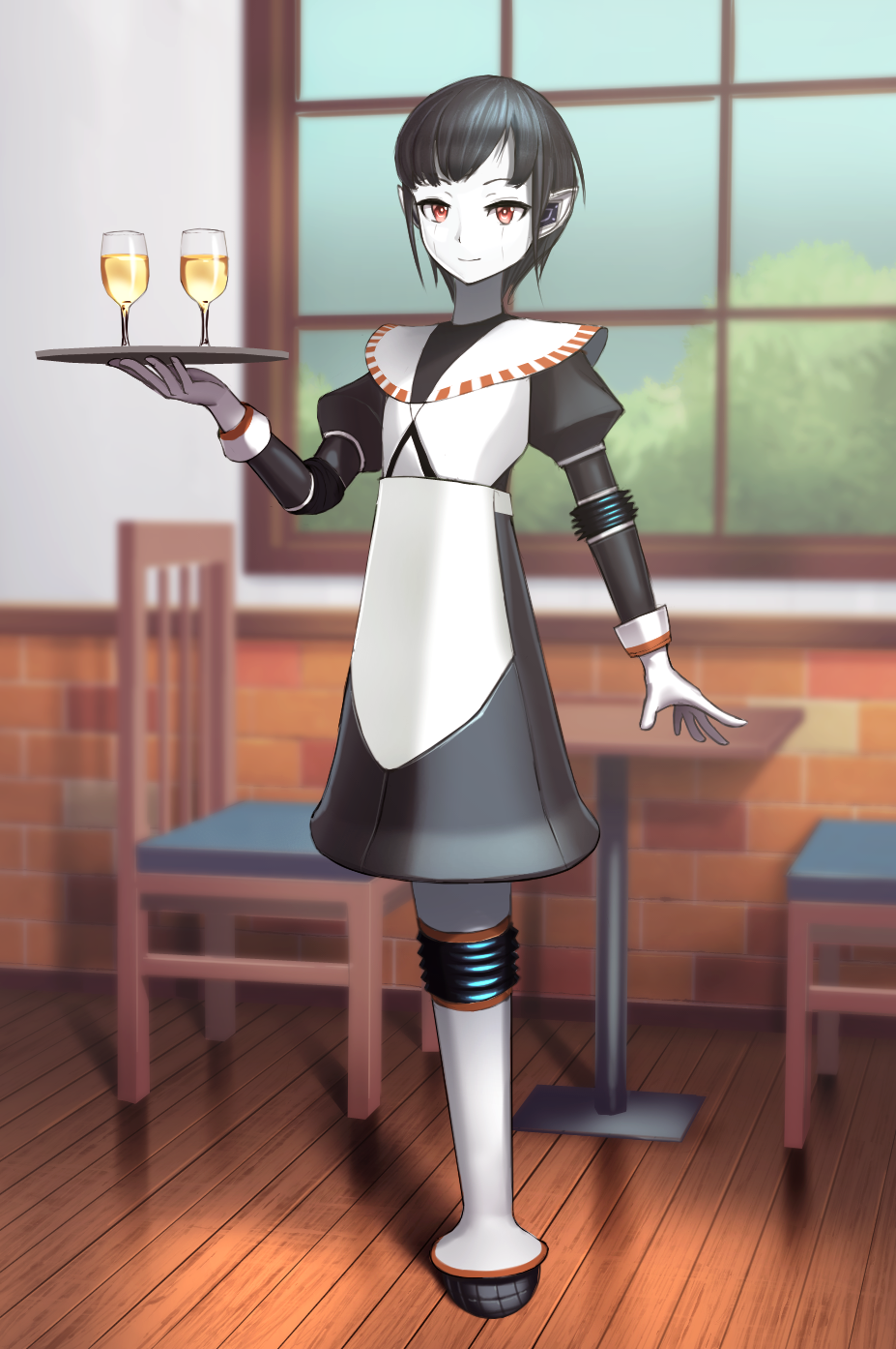 1girl black_hair chain commentary_request cup dress drinking_glass flat_chest full_body highres hispol_(04-uma-alpha) humanoid_robot joints looking_at_viewer no_legs original red_eyes robot robot_ears robot_joints short_hair smile solo table tray very_short_hair white_skin wine_glass
