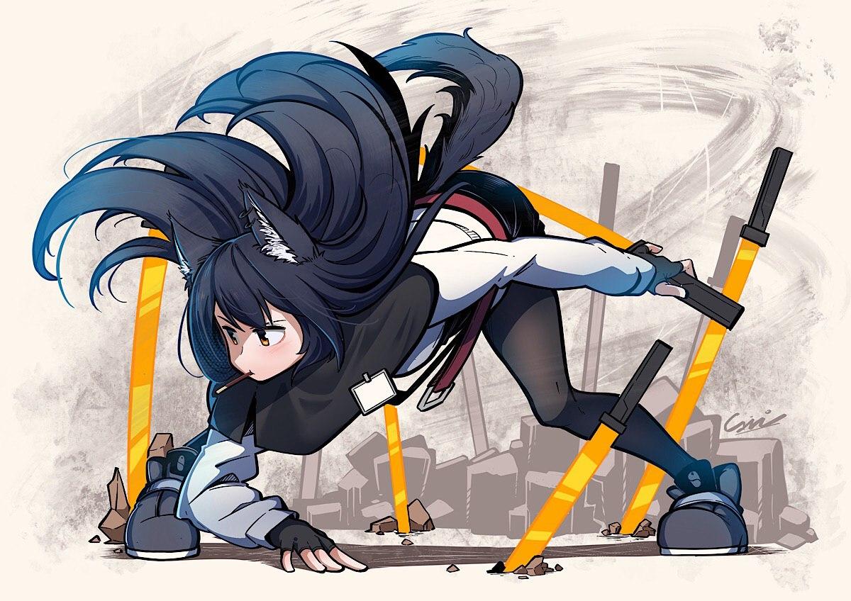 1girl animal_ears arknights belt belt_buckle bent_over black_footwear black_gloves black_hair black_legwear buckle capelet carillus commentary english_commentary field_of_blades fingerless_gloves floating_hair food food_in_mouth gloves holding holding_food holding_sword holding_weapon id_card jacket long_hair long_sleeves looking_away pantyhose pocky red_belt signature skirt solo sword tail texas_(arknights) weapon white_skirt wolf_ears wolf_tail