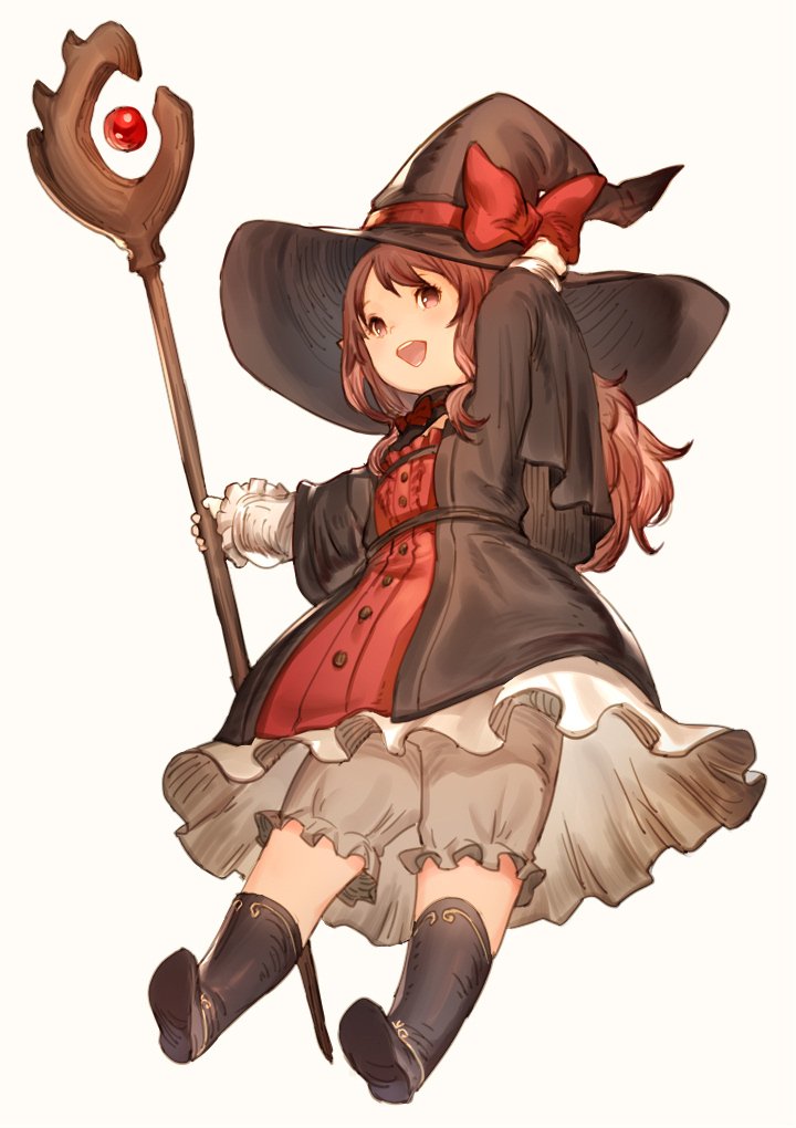 1girl :d boots bow brown_eyes brown_footwear brown_hair dress final_fantasy final_fantasy_xiv full_body grey_dress hand_on_headwear hand_up hat hat_bow holding holding_staff km_yama lalafell long_sleeves looking_at_viewer open_mouth red_bow round_teeth simple_background smile solo staff teeth upper_teeth white_background