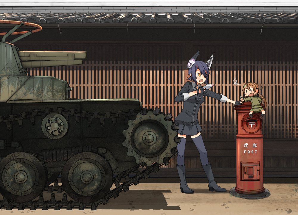 2girls annin_musou black_footwear black_gloves black_legwear black_neckwear black_skirt blush brown_hair checkered checkered_neckwear commentary_request eyebrows_visible_through_hair eyepatch fairy_(kantai_collection) fingerless_gloves gloves ground_vehicle hair_between_eyes headgear holding kantai_collection long_hair military military_vehicle motor_vehicle multiple_girls necktie open_mouth pleated_skirt postbox_(outgoing_mail) purple_hair short_hair skirt tank tenryuu_(kantai_collection) thigh-highs yellow_eyes