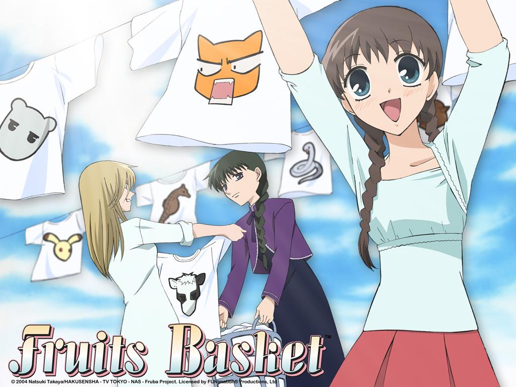 black_hair blonde_hair blue_eyes braid brown_hair fruits_basket hanajima_saki honda_tohru honda_tooru laundry long_hair multiple_girls official_art shirt single_braid skirt sky takaya_natsuki twin_braids uotani_arisa wallpaper