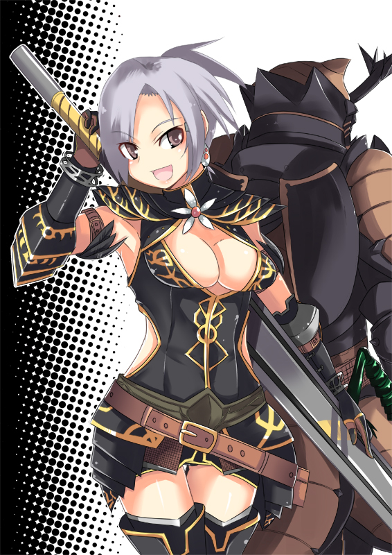 arm_up armlet armor armpits back-to-back bangs belt black_legwear bracelet breasts cleavage cleavage_cutout earrings elbow_gloves fishnets flower gloves hair_over_one_eye helmet holding huge_weapon jewelry johnny_funamushi leotard midriff monster_hunter monster_hunter_frontier monster_hunter_frontier_online noir_(armor) open_mouth parted_bangs pink_eyes polka_dot polka_dot_background ponytail short_hair side_slit silver_hair skirt smile solo standing sword thigh-highs thigh_gap thighhighs turtleneck weapon zettai_ryouiki