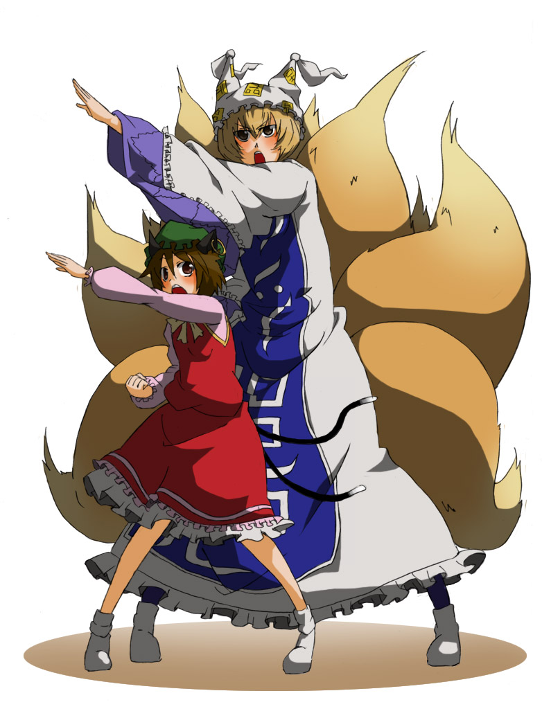 animal_ears blonde_hair brown_eyes brown_hair cat_ears cat_tail cat_tails chen china_dress chinadress chinese_clothes earrings fox_ears fox_tail hat henshin jewelry kamen_rider multiple_girls multiple_tails pose tail tori_(artist) touhou yakumo_ran