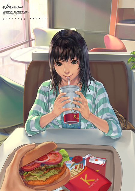 drink drinking face food french_fries green_eyes hamburger krenz long_hair original potato_chips pov