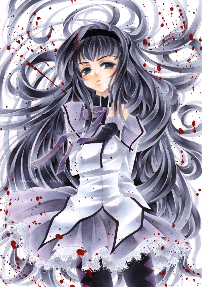 akemi_homura alexa_pasztor black_hair grey_eyes kaoru-chan long_hair mahou_shoujo_madoka_magica pantyhose solo traditional_media