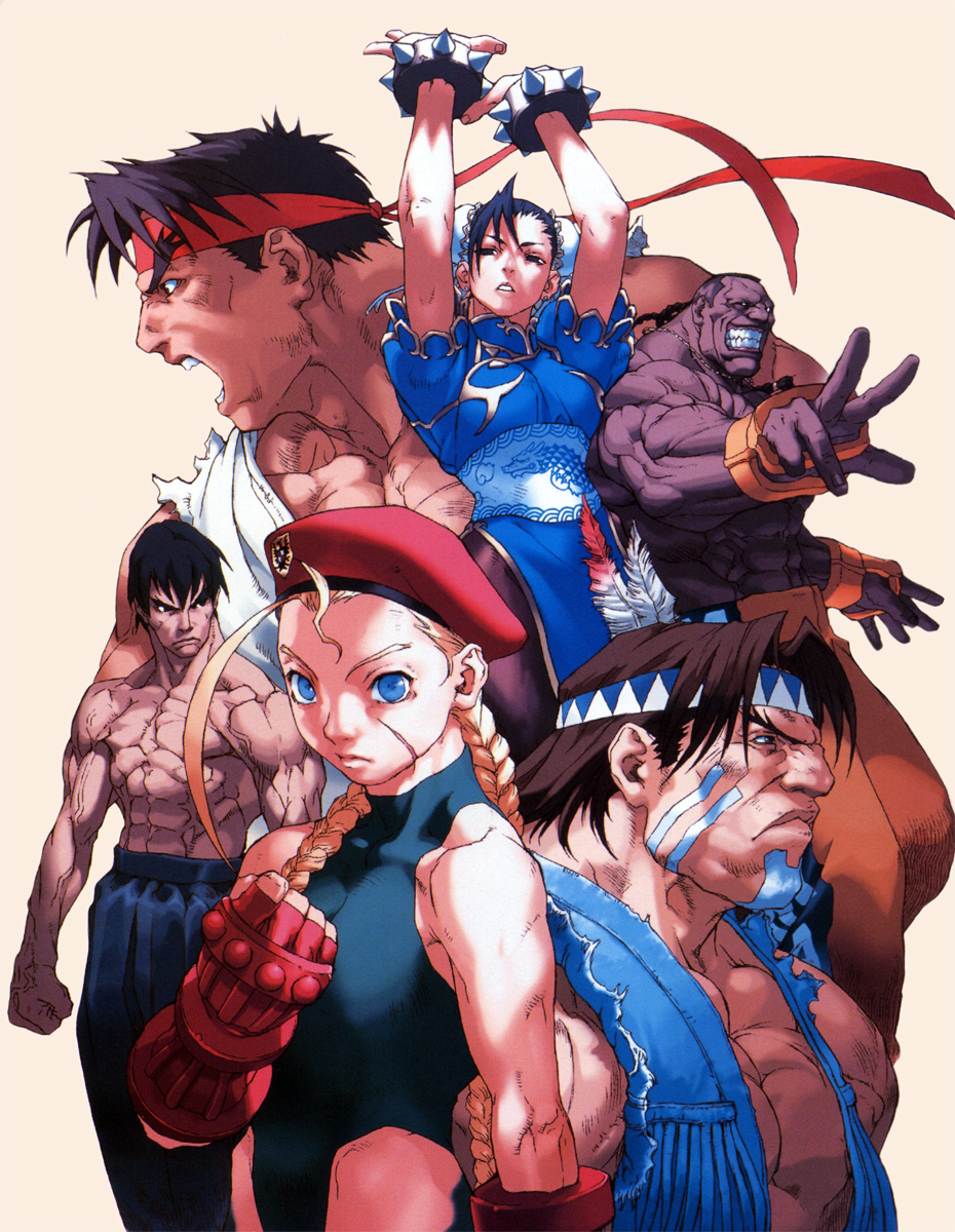 ahoge angry armpits arms_up beret black_hair blonde_hair blue_eyes bracelet braid breasts bun_cover cammy_white capcom china_dress chinese_clothes chun-li clenched_hand dee_jay double_bun edayan everyone facepaint feathers fei_long fingerless_gloves gloves grin hat headband highres jewelry leotard lips long_hair muscle muscles necklace open_mouth pantyhose rage ryu ryuu_(street_fighter) scar shirtless smile spiked_bracelet spikes street_fighter t_hawk thunder_hawk twin_braids very_long_hair