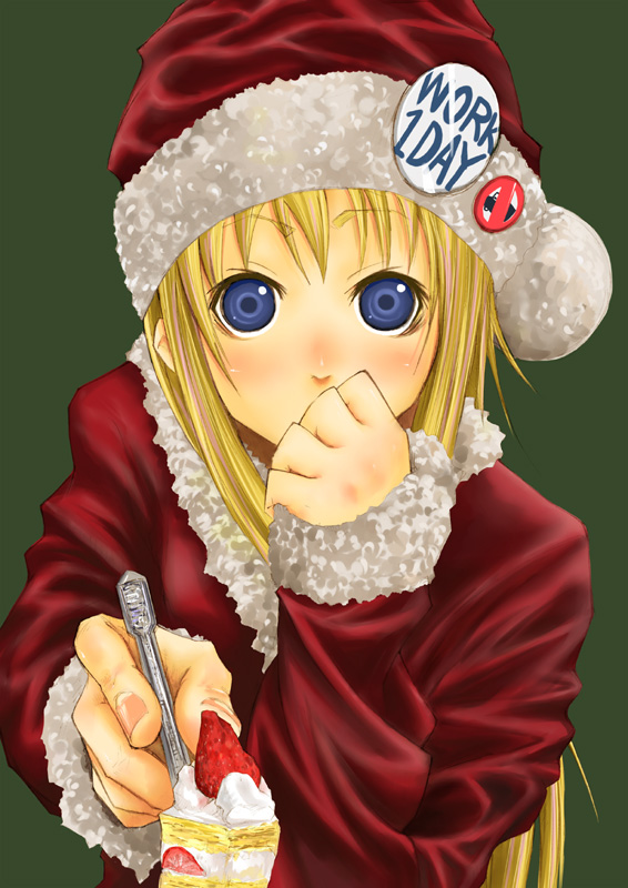 bad_id blonde_hair blue_eyes blush cake christmas feeding food fruit hand_over_mouth hat long_hair okiru pastry pins pov_feeding santa_costume santa_hat strawberries strawberry