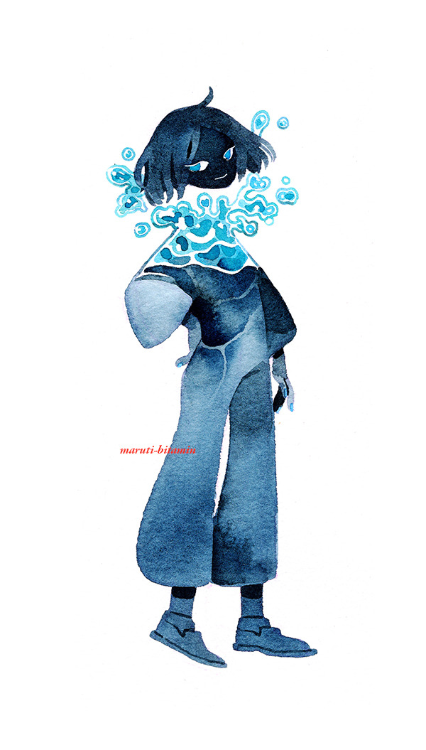 1girl blue_eyes blue_nails dark_skin disembodied_head droplet full_body hand_on_hip long_sleeves maruti_bitamin medium_hair no_nose original shoes simple_background smile solo standing traditional_media water watercolor_(medium) white_background wide_sleeves