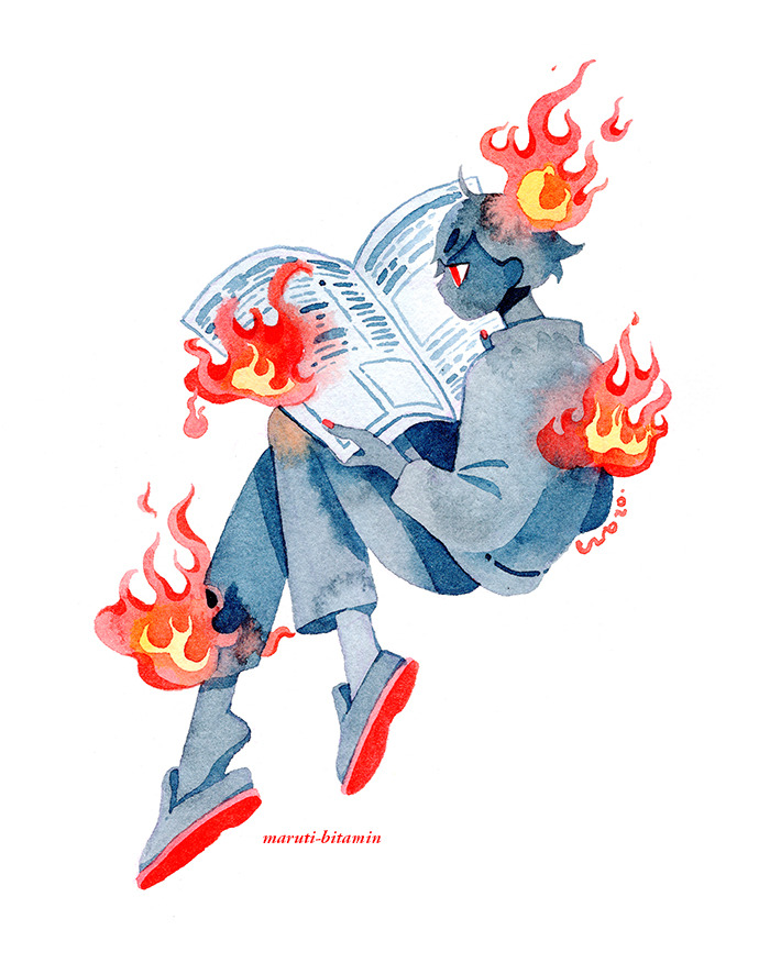 1boy artist_name fire full_body knees_up long_sleeves maruti_bitamin newspaper original pants profile red_eyes red_nails shoes simple_background solo traditional_media watercolor_(medium) white_background
