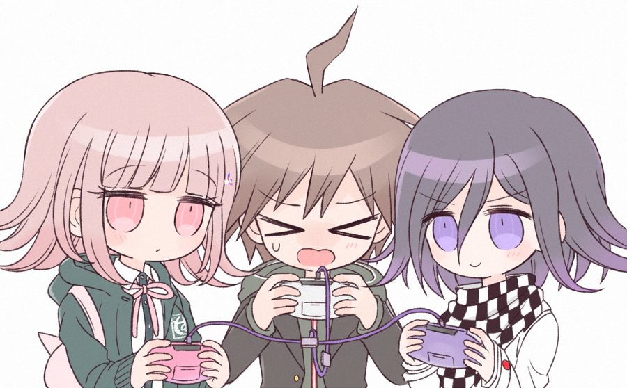 &gt;_&lt; 1girl 2boys 8takenokonosato8 ahoge backpack bag bangs brown_hair cable checkered checkered_neckwear checkered_scarf chibi dangan_ronpa dangan_ronpa_1 eyebrows_visible_through_hair game_boy game_boy_advance hair_between_eyes hair_ornament handheld_game_console hood hooded_jacket jacket long_sleeves medium_hair multiple_boys naegi_makoto nanami_chiaki new_dangan_ronpa_v3 open_mouth ouma_kokichi pink_hair playing_games purple_hair scarf sidelocks simple_background smile super_dangan_ronpa_2 sweat upper_body video_game white_background