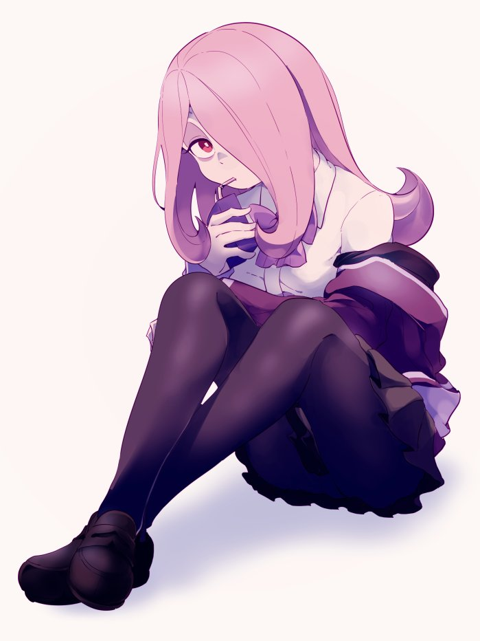 1girl alternate_costume black_legwear company_connection cosplay drinking drinking_straw hair_over_one_eye juice_box little_witch_academia loafers long_hair pantyhose school_uniform shinjou_akane shinjou_akane_(cosplay) shoes simple_background sitting solo ssss.gridman sucy_manbavaran tama_(tm_suac)