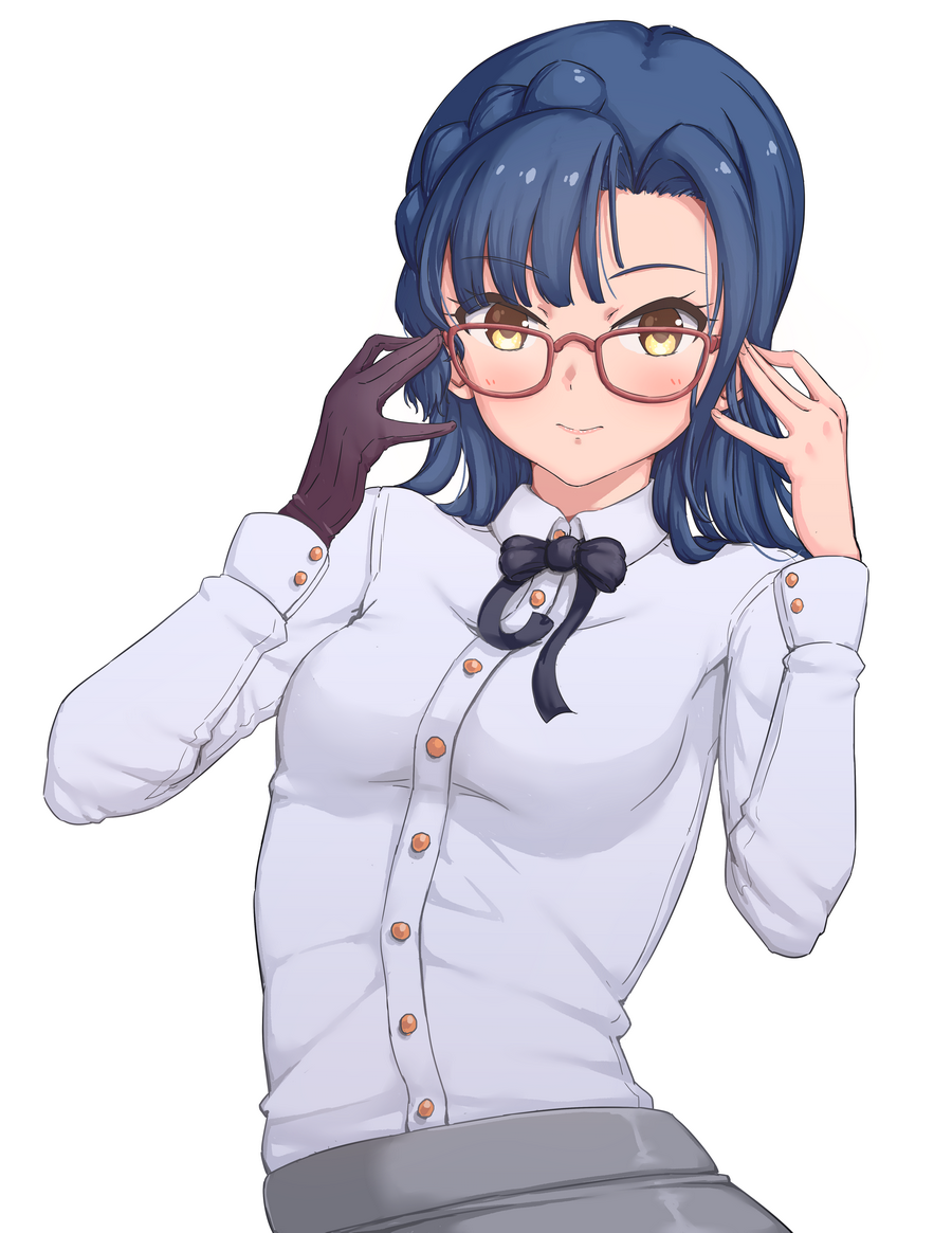 1girl adjusting_eyewear bangs bespectacled blue_hair blush bow bowtie braid breasts eyebrows_visible_through_hair glasses gloves idolmaster idolmaster_million_live! loeldrive long_sleeves medium_breasts nanao_yuriko shirt short_hair simple_background single_glove solo white_background white_shirt yellow_eyes