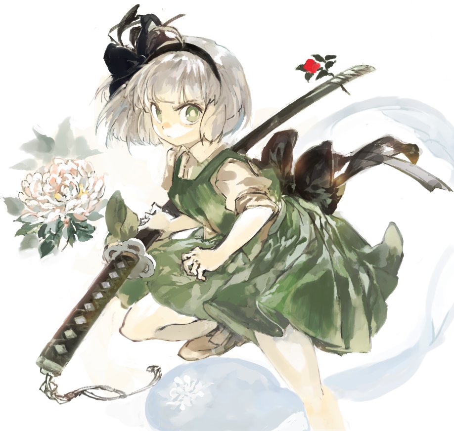 1girl back_bow black_bow black_hairband black_ribbon bow brown_footwear commentary_request flower green_eyes green_skirt green_vest grey_background grey_hair hair_ribbon hairband holding holding_sword holding_weapon katana konabetate konpaku_youmu konpaku_youmu_(ghost) looking_at_viewer ribbon short_hair short_sleeves skirt solo sword touhou vest weapon