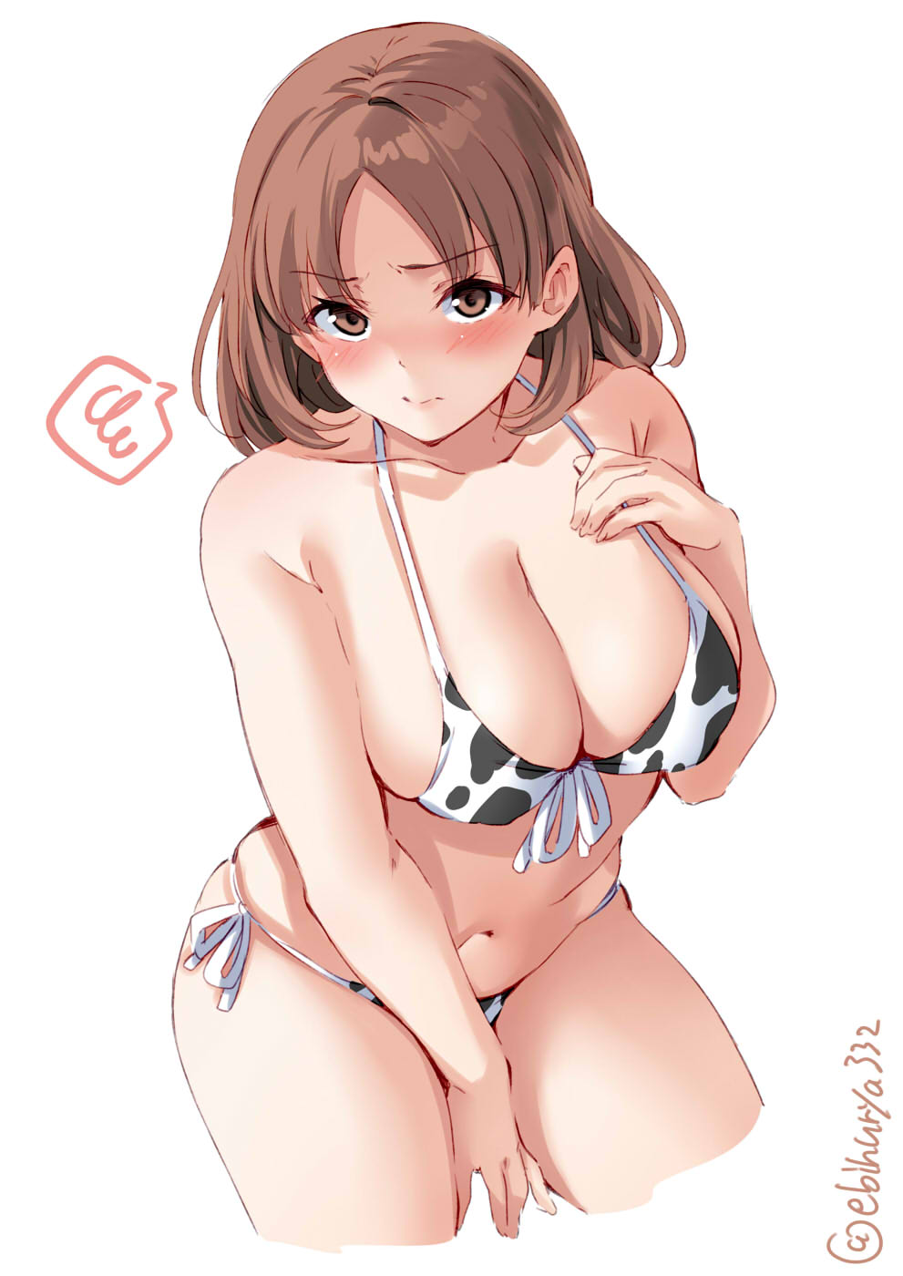 1girl alternate_costume animal_print bangs bare_arms bare_shoulders bikini blush breasts brown_eyes brown_hair chiyoda_(kantai_collection) collarbone cow_print cowboy_shot ebifurya halterneck highres kantai_collection large_breasts looking_at_viewer navel print_bikini short_hair side-tie_bikini simple_background solo spoken_squiggle squiggle swimsuit twitter_username white_background