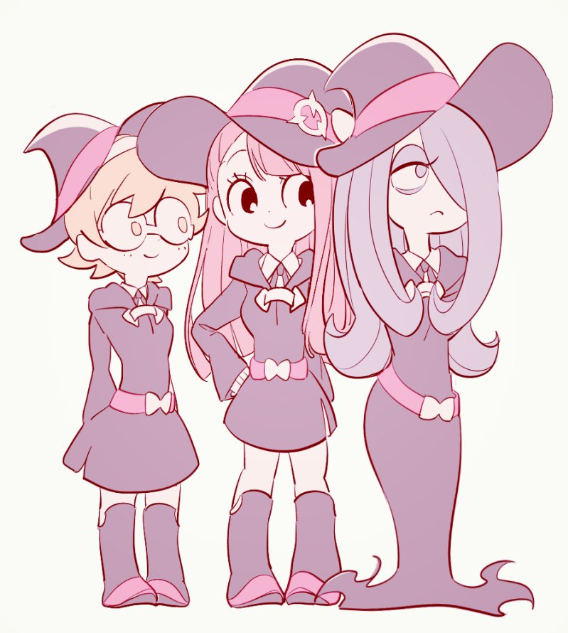 3girls blonde_hair boots chibi dress glasses hand_on_hip hat kagari_atsuko knee_boots little_witch_academia long_dress long_hair lotte_jansson luna_nova_school_uniform multiple_girls purple_hair round_eyewear school_uniform short_hair simple_background sucy_manbavaran tama_(tm_suac) witch_hat