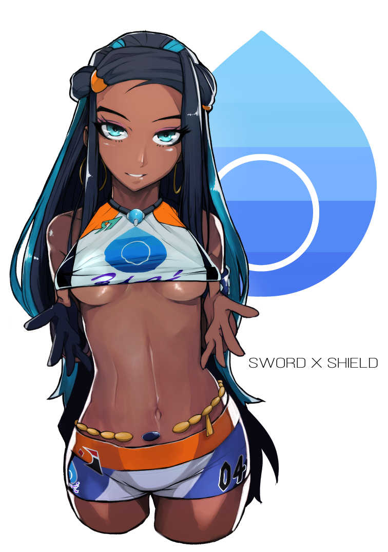 1girl aqua_eyes armlet belly_chain bike_shorts black_hair breasts clothes_tug commentary copyright_name dark_skin earrings eyelashes fumetsu gloves gym_leader hoop_earrings jewelry long_hair looking_at_viewer multicolored_hair navel nessa_(pokemon) number parted_lips pink_eyeshadow pokemon pokemon_(game) pokemon_swsh shiny shiny_skin sidelocks single_glove small_breasts smile solo stomach teasing two-tone_hair under_boob