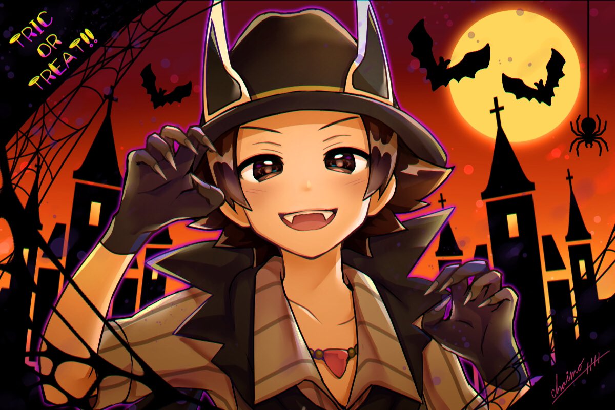 1boy bat black_gloves black_headwear brown_eyes brown_hair bug chaimo_box claw_pose collarbone commentary_request gloves halloween hat hilbert_(pokemon) jewelry looking_at_viewer male_focus moon necklace night open_mouth pokemon pokemon_(game) pokemon_masters_ex short_sleeves silhouette spider teeth tongue