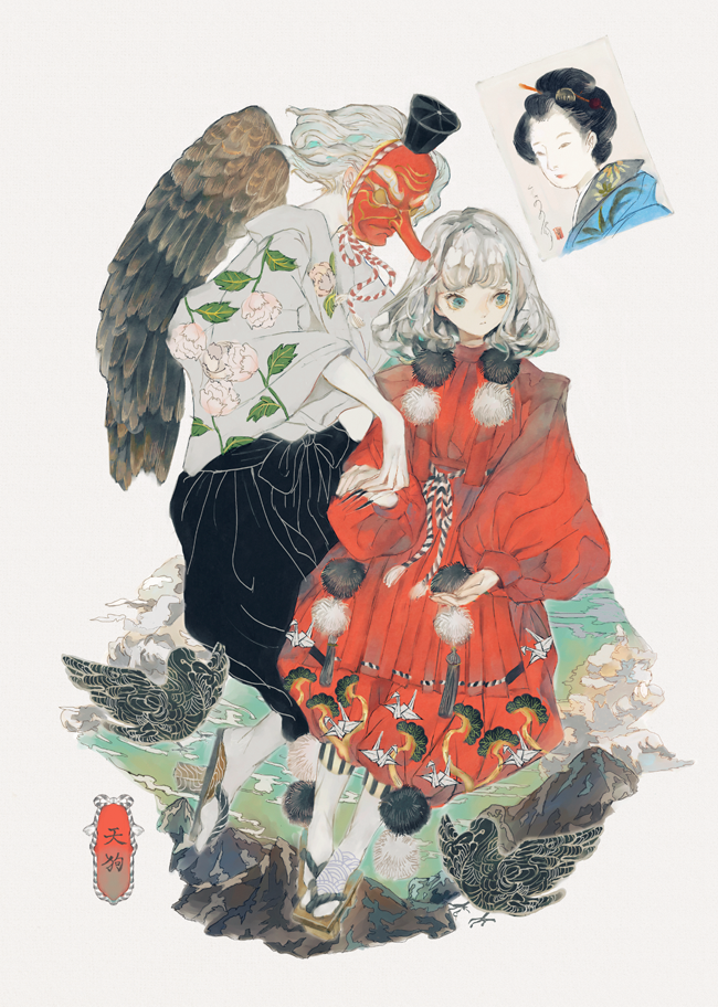 2girls bird black_bird black_pants blue_eyes clouds flower full_body geta hair_ornament hair_stick long_sleeves mask multiple_girls original pants pom_pom_(clothes) print_shirt puffy_long_sleeves puffy_pants puffy_sleeves red_shirt rock shirt short_hair tassel tengu_mask white_flower white_hair yogisya