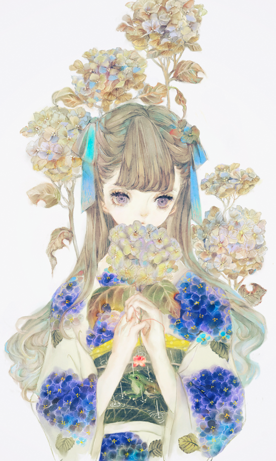 1girl animal_print aqua_ribbon bangs blue_flower brown_hair floral_print flower frog_print grey_flower hair_ribbon japanese_clothes kimono leaf long_hair long_sleeves obi original pink_flower print_kimono ribbon sash solo violet_eyes wide_sleeves yogisya