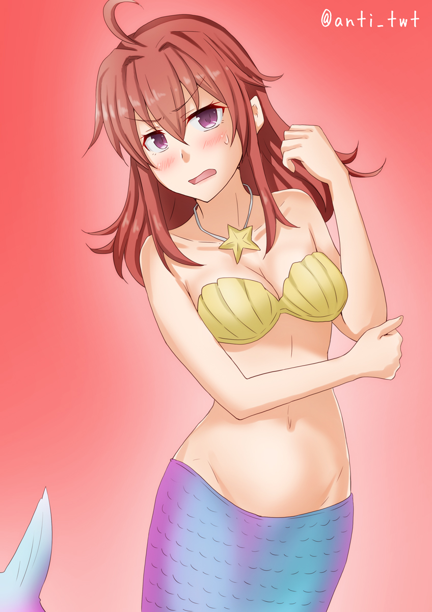 1girl anti_(untea9) arashi_(kantai_collection) blush breasts highres jewelry kantai_collection looking_at_viewer mermaid_costume navel necklace open_mouth redhead shell shell_bikini small_breasts