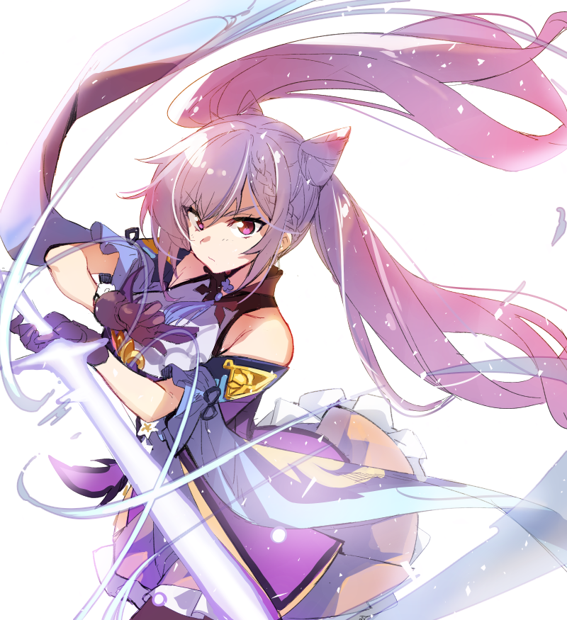 1girl bangs black_legwear breasts closed_mouth ddolggol detached_sleeves dress eyebrows_visible_through_hair frilled_dress frills genshin_impact gloves holding holding_sword holding_weapon keqing_(genshin_impact) korean_commentary long_hair pantyhose purple_gloves purple_hair simple_background solo sword twintails violet_eyes weapon white_background wide_sleeves
