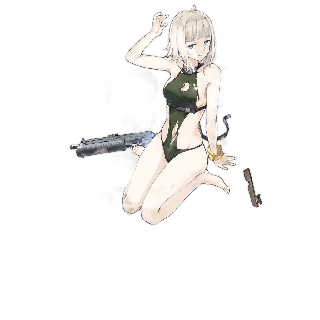 1girl alternate_costume arm_up bangs bare_shoulders barefoot blue_eyes damaged full_body girls_frontline green_swimsuit gun hair_ornament hair_scrunchie hao_(patinnko) looking_at_viewer official_art parted_lips pp-19_(girls_frontline) pp-19_bizon scrunchie short_hair sitting sleeveless solo submachine_gun swimsuit torn_clothes torn_swimsuit weapon yellow_scrunchie