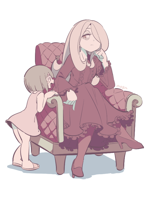 2girls armchair chair child crossed_legs dress hair_over_one_eye kagari_atsuko little_witch_academia long_hair majo_shuukai_de_aimashou multiple_girls pantyhose short_hair sitting sucy_manbavaran tama_(tm_suac) white_background younger