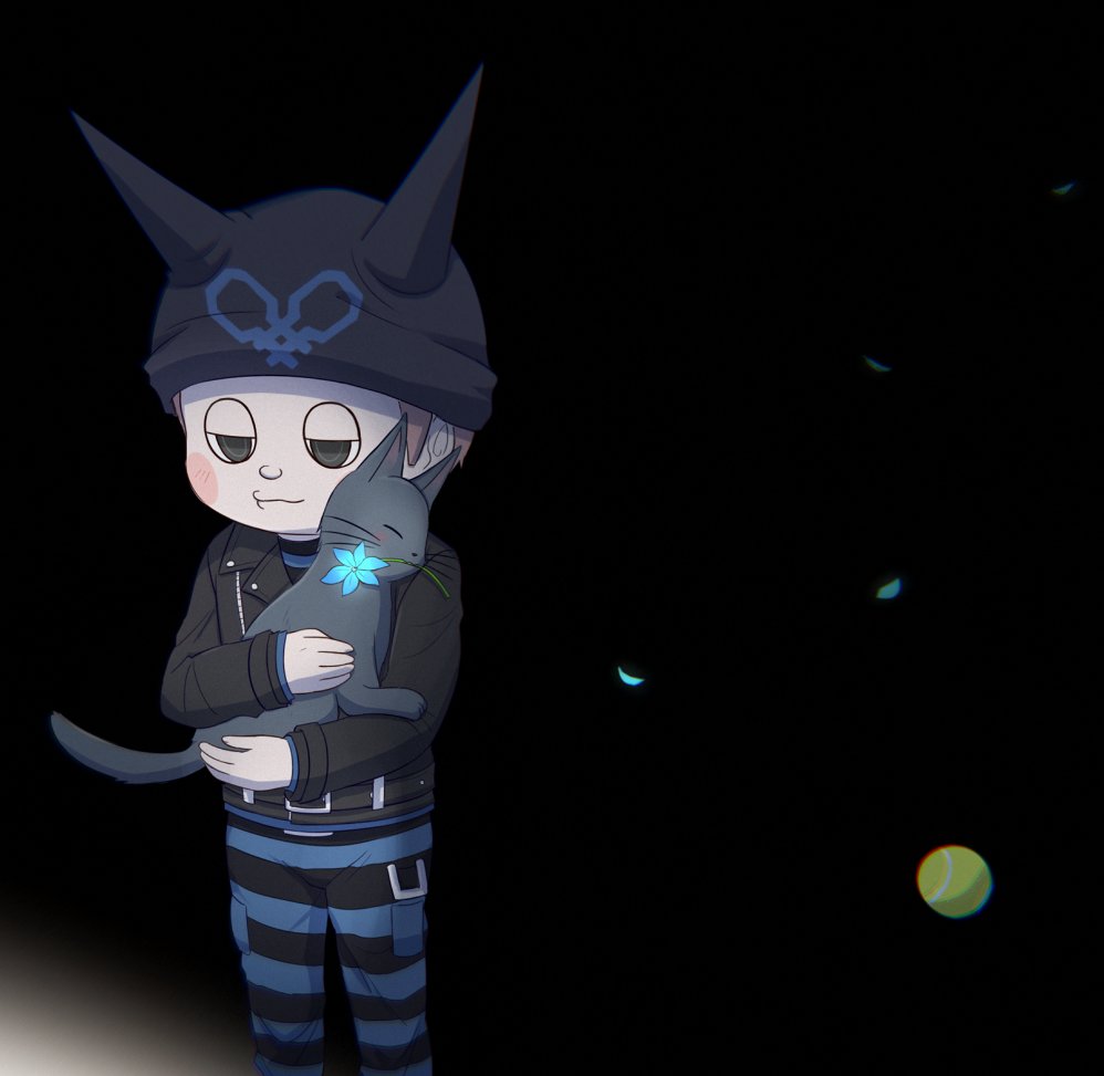 1boy 8takenokonosato8 animal ball black_cat black_eyes black_jacket blue_flower brown_hair cat closed_mouth dangan_ronpa flower hat holding holding_animal holding_cat horned_headwear hoshi_ryouma jacket long_sleeves male_focus new_dangan_ronpa_v3 pants petals simple_background solo striped striped_pants tennis_ball