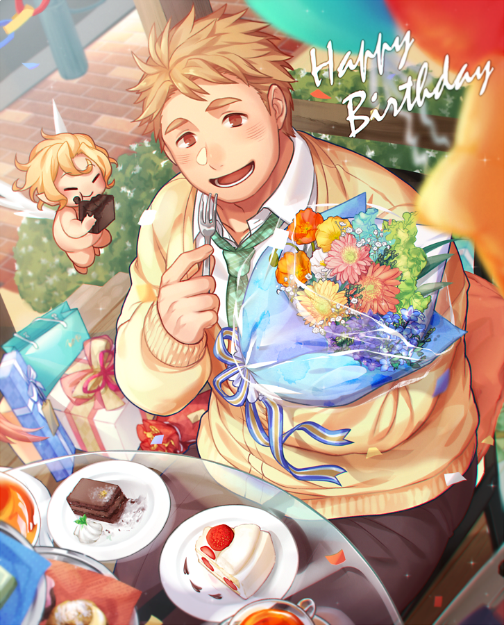 1boy blonde_hair bouquet brown_eyes brown_pants cake cherub cup cupid_(tokyo_houkago_summoners) feathered_wings flower food fork gozu_farm green_neckwear happy_birthday looking_at_viewer male_focus necktie pants shirt smile strawberry_shortcake tareme tennouji_shin'ya tokyo_houkago_summoners upper_body white_shirt wings