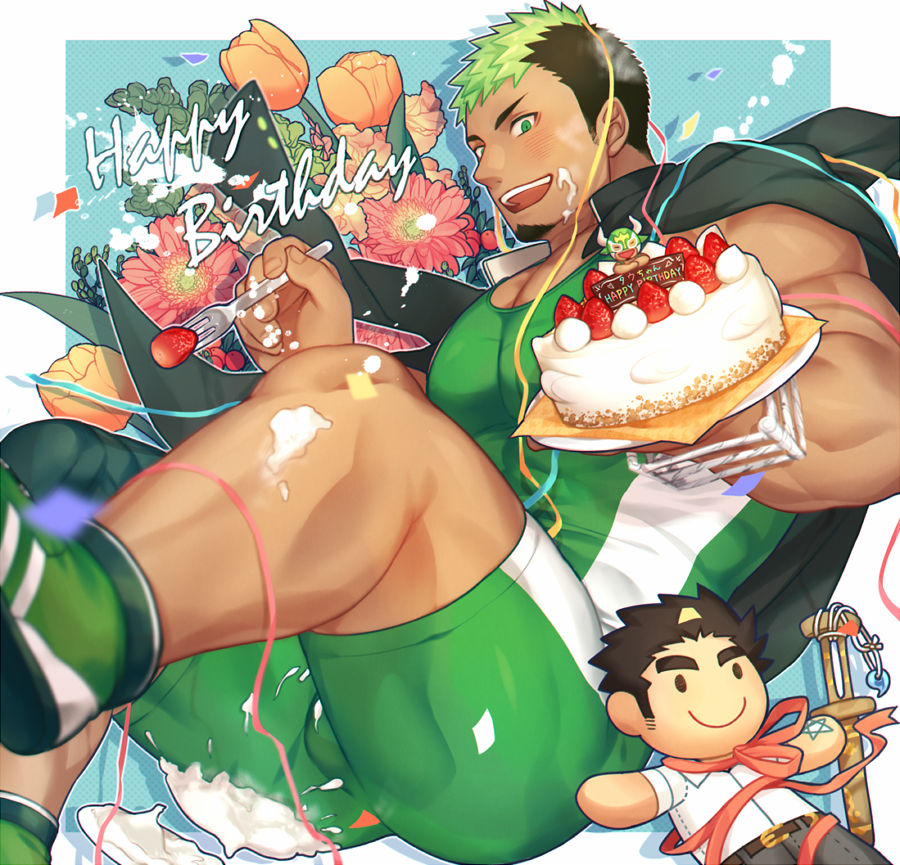 1boy bara bare_arms birthday birthday_cake black_hair bulge cake chest covered_abs dark_skin dark_skinned_male english_text facial_hair feet_out_of_frame floral_background food food_on_body food_on_face fork fruit goatee gozu_farm green_eyes green_hair jacket jacket_on_shoulders male_focus master_3_(tokyo_houkago_summoners) multicolored_hair muscle short_hair sideburns solo strawberry stuffed_toy taurus_mask thick_thighs thighs tight tokyo_houkago_summoners two-tone_hair wrestling_outfit