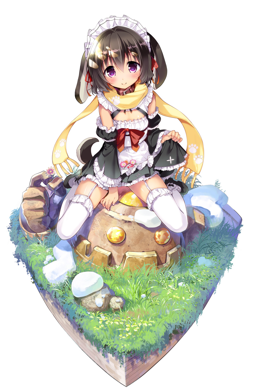 1girl animal_ears bow brown_hair clip_studio_paint_(medium) collar cover cover_page detached_sleeves floral_print flower golem grass highres lazy_dungeon_master maid maid_headdress niku_kuroinu novel_cover novel_illustration official_art ribbon scarf shoes smile snow thigh-highs violet_eyes youta