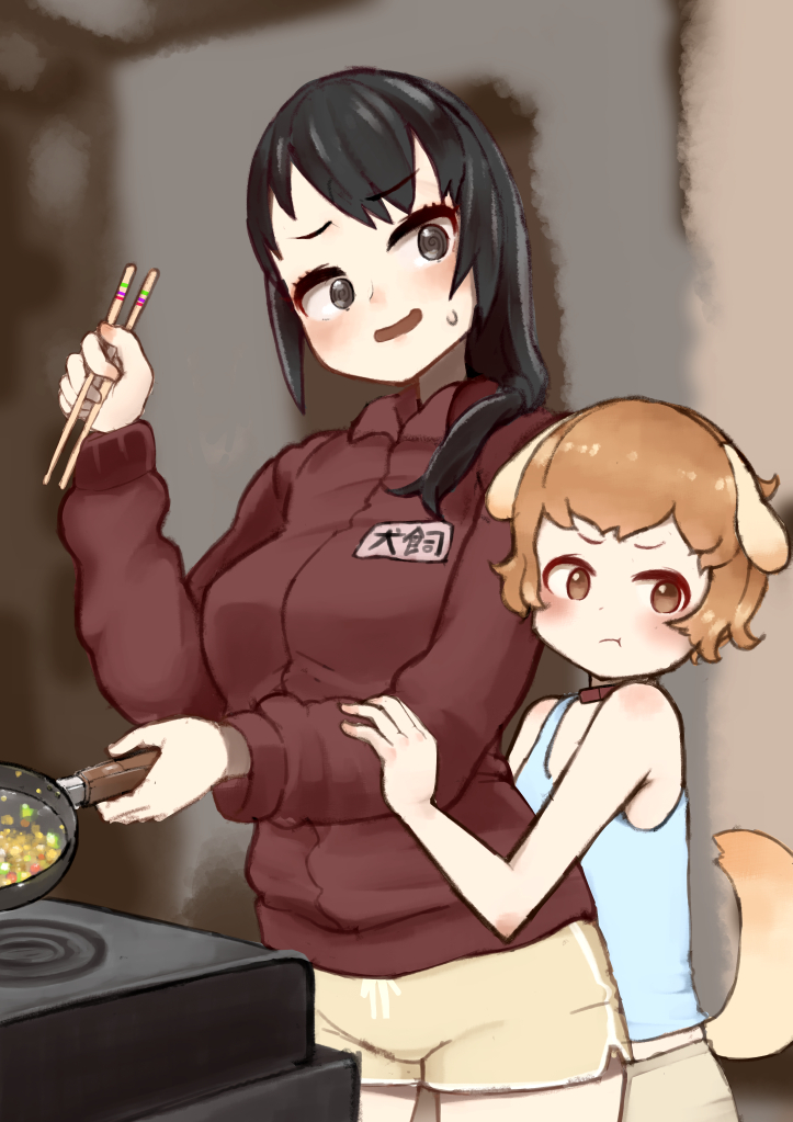 1boy 1girl :t @_@ age_difference animal_ears black_eyes black_hair blurry blurry_background blush brown_eyes brown_hair chopsticks cookig cooking depth_of_field dog_boy dog_ears dog_tags dolphin_shorts embarrassed eyebrows_visible_through_hair frying_pan hair_over_shoulder hand_up height_difference hetero holding holding_chopsticks jacket long_hair long_sleeves nijitama_shiyushiyu original pout red_jacket shorts smile sweat yellow_shorts