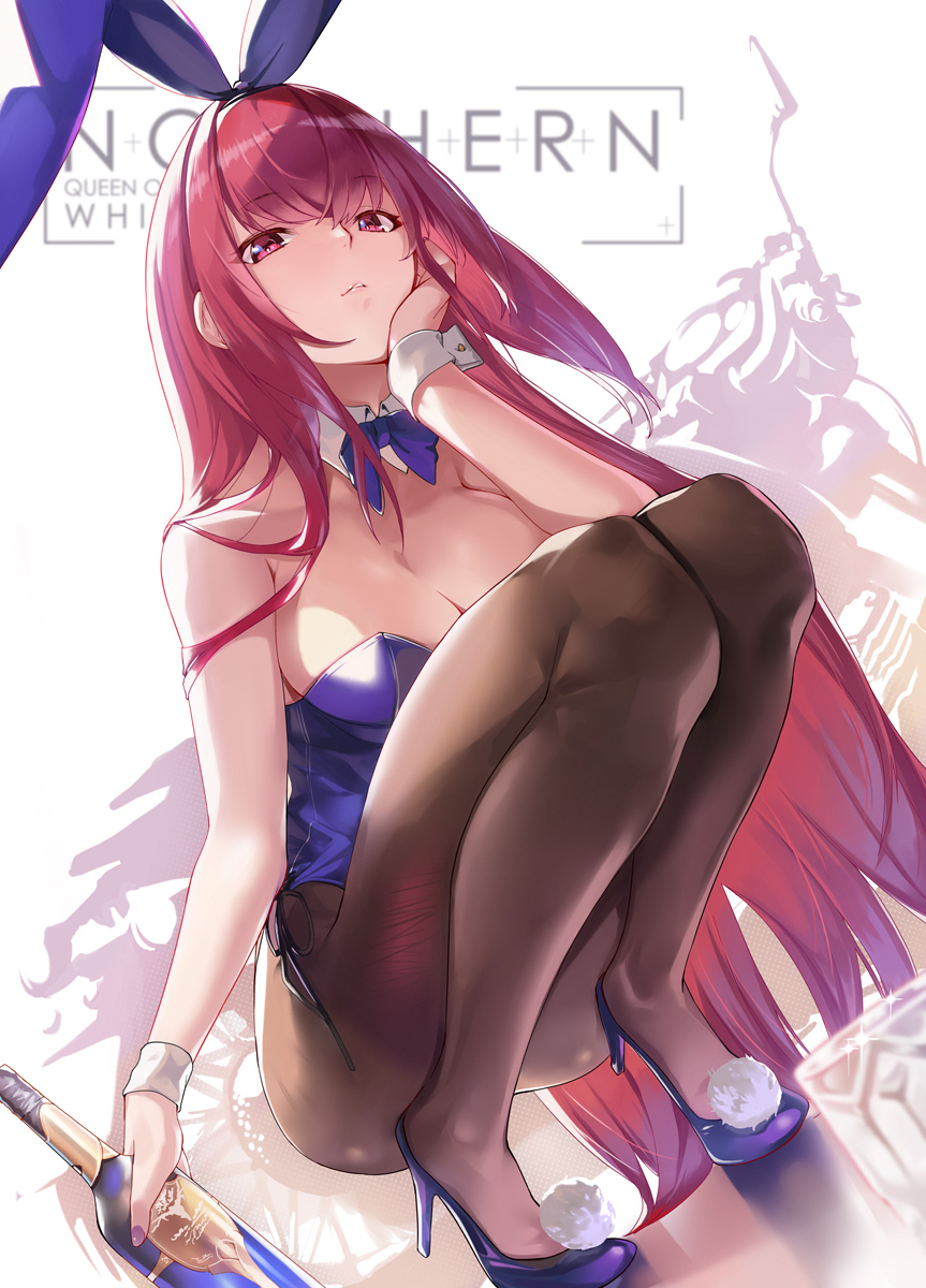 1girl bangs breasts detached_collar fate/grand_order fate_(series) fishnet_legwear fishnets highres large_breasts leotard long_hair looking_at_viewer ohland piercing_bunny playboy_bunny purple_hair purple_leotard red_eyes scathach_(fate)_(all) scathach_(fate/grand_order) strapless strapless_leotard