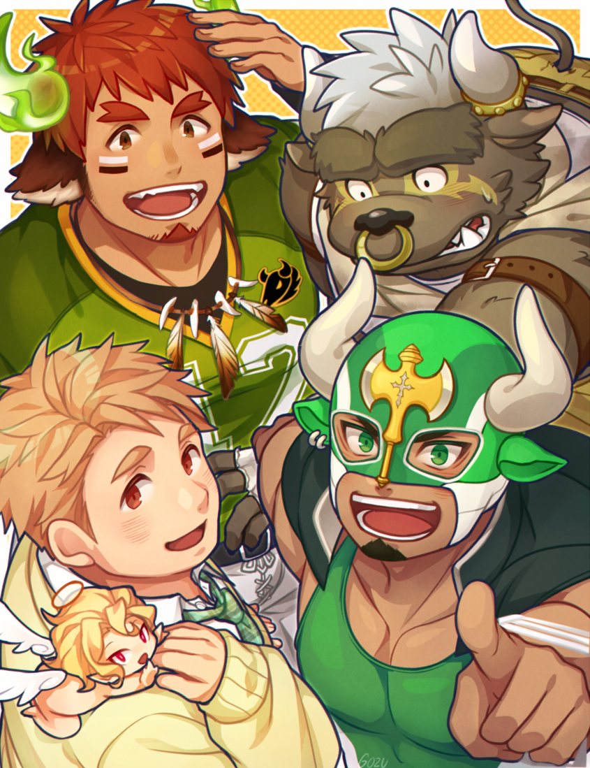 4boys animal_ears asterios_(tokyo_houkago_summoners) bara blonde_hair blush brown_eyes brown_hair cherub chest cow_boy cow_ears cupid_(tokyo_houkago_summoners) facial_hair feathered_wings forked_eyebrows furry glowing_horns goatee gozu_farm green_neckwear hand_up horns jacket jacket_on_shoulders looking_at_viewer male_focus mask multiple_boys muscle nose_piercing piercing pointing pointing_at_viewer rugby_uniform short_hair sideburns sportswear sweatdrop tareme tennouji_shin'ya thick_eyebrows thick_thighs thighs tokyo_houkago_summoners wakan_tanka wings