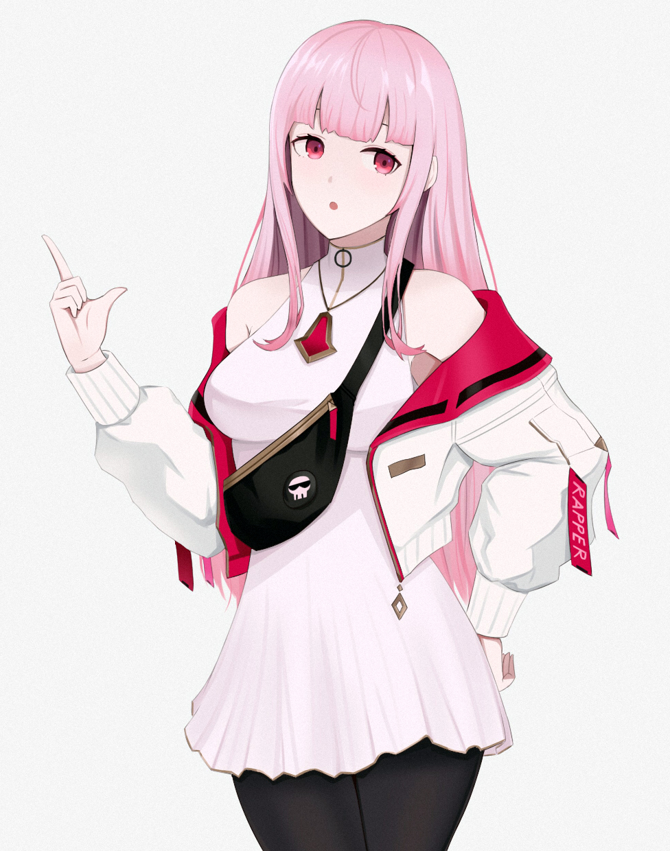 1girl :o breasts casual commentary cowboy_shot grey_background hand_on_hip highres hololive hololive_english index_finger_raised jacket long_hair long_sleeves looking_at_viewer medium_breasts mori_calliope pink_eyes pink_hair simple_background solo sylviez virtual_youtuber white_jacket