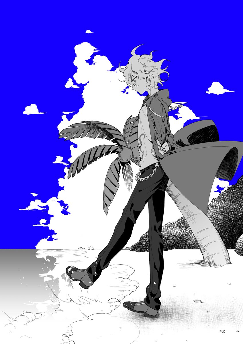 ahoge arm_behind_back beach blue_sky chain clouds coconut coconut_tree commentary_request dangan_ronpa day from_side full_body highres hood hood_down hoodie jacket komaeda_nagito limited_palette male_focus messy_hair monochrome nanin ocean outdoors palm_tree pants shirt shoes sky solo standing super_dangan_ronpa_2 tree water