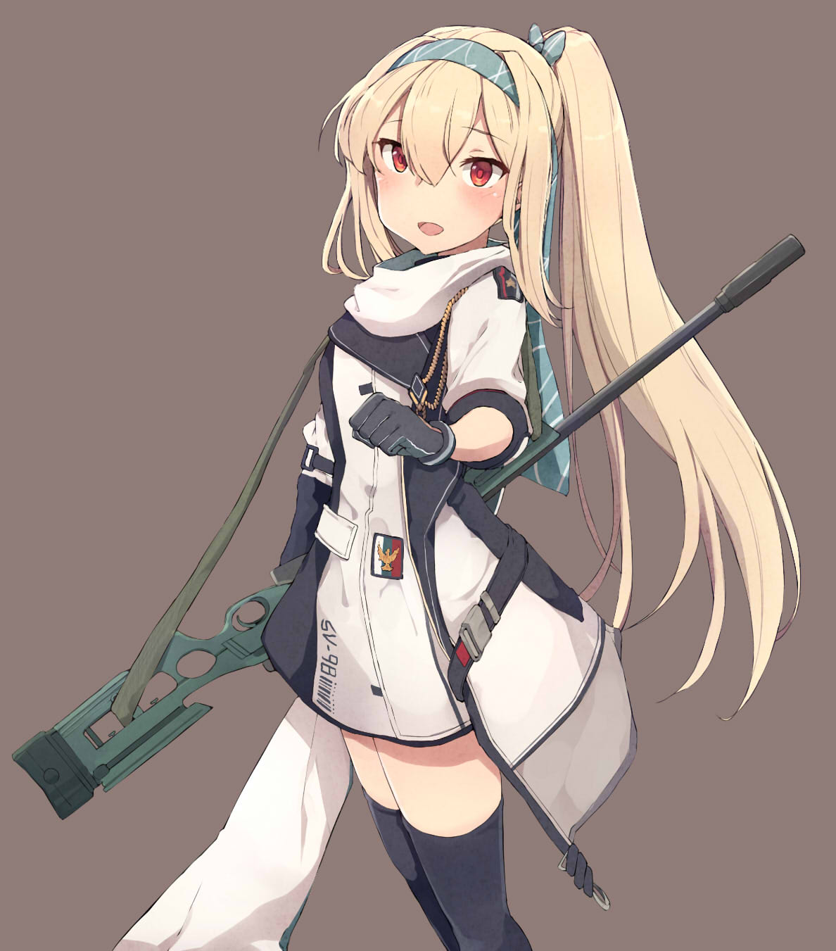 1girl blonde_hair character_name dress girls_frontline gloves gun hairband highres holding holding_gun holding_weapon long_hair looking_at_viewer mod3_(girls_frontline) open_mouth ponytail red_eyes rifle russian_flag scope simple_background sniper_rifle suppressor sv-98 sv-98_(girls_frontline) thigh-highs weapon