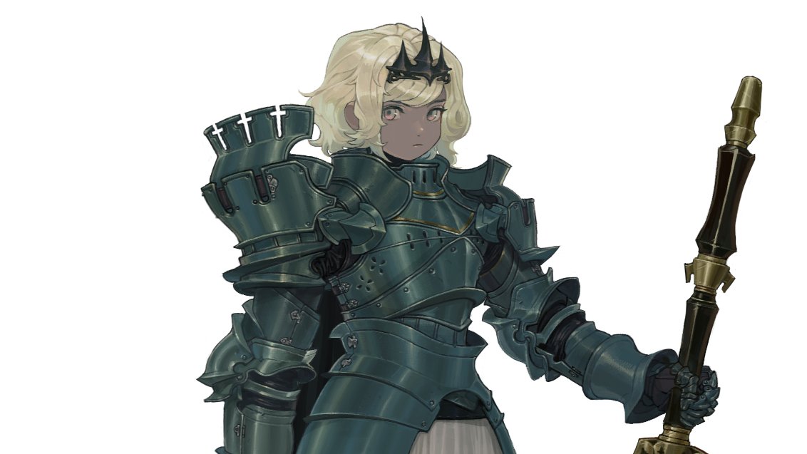 1girl armor blonde_hair breastplate closed_eyes cropped dark_skin gauntlets gradient gradient_background holding holding_sword holding_weapon knight looking_at_viewer nanora original pauldrons short_hair shoulder_armor sword vambraces weapon