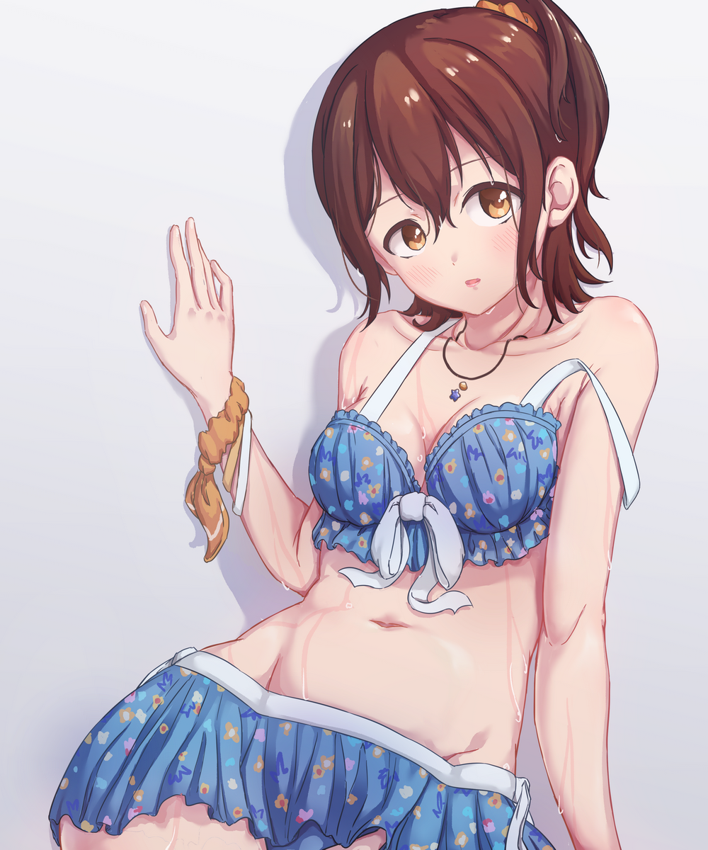 bare_shoulders bikini bikini_skirt blue_bikini breasts brown_eyes brown_hair collarbone gradient gradient_background highres idolmaster idolmaster_million_live! idolmaster_million_live!_theater_days kasuga_mirai loeldrive medium_breasts navel neckerchief one_side_up parted_lips short_hair strap_slip swimsuit wet