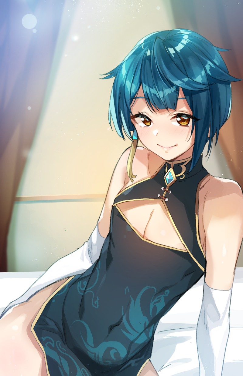 1boy bangs bed blue_dress blue_hair brown_eyes china_dress chinese_clothes cleavage_cutout clothing_cutout covered_navel ddolggol dress elbow_gloves eyebrows_visible_through_hair genshin_impact gloves hair_flaps highres korean_commentary male_focus on_bed otoko_no_ko sitting sleeveless sleeveless_dress smile solo white_gloves xingqiu_(genshin_impact)