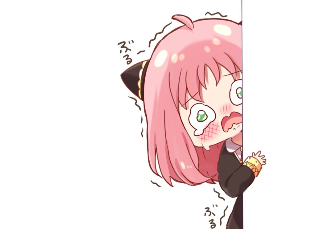 1girl ahoge anya_(spy_x_family) bangs black_dress blush collared_shirt dress eyebrows_visible_through_hair green_eyes kiyo_(yamazoe1122) long_sleeves nose_blush open_mouth peeking_out pink_hair shirt sleeves_past_wrists solo spy_x_family teardrop trembling wavy_eyes wavy_mouth white_background white_shirt