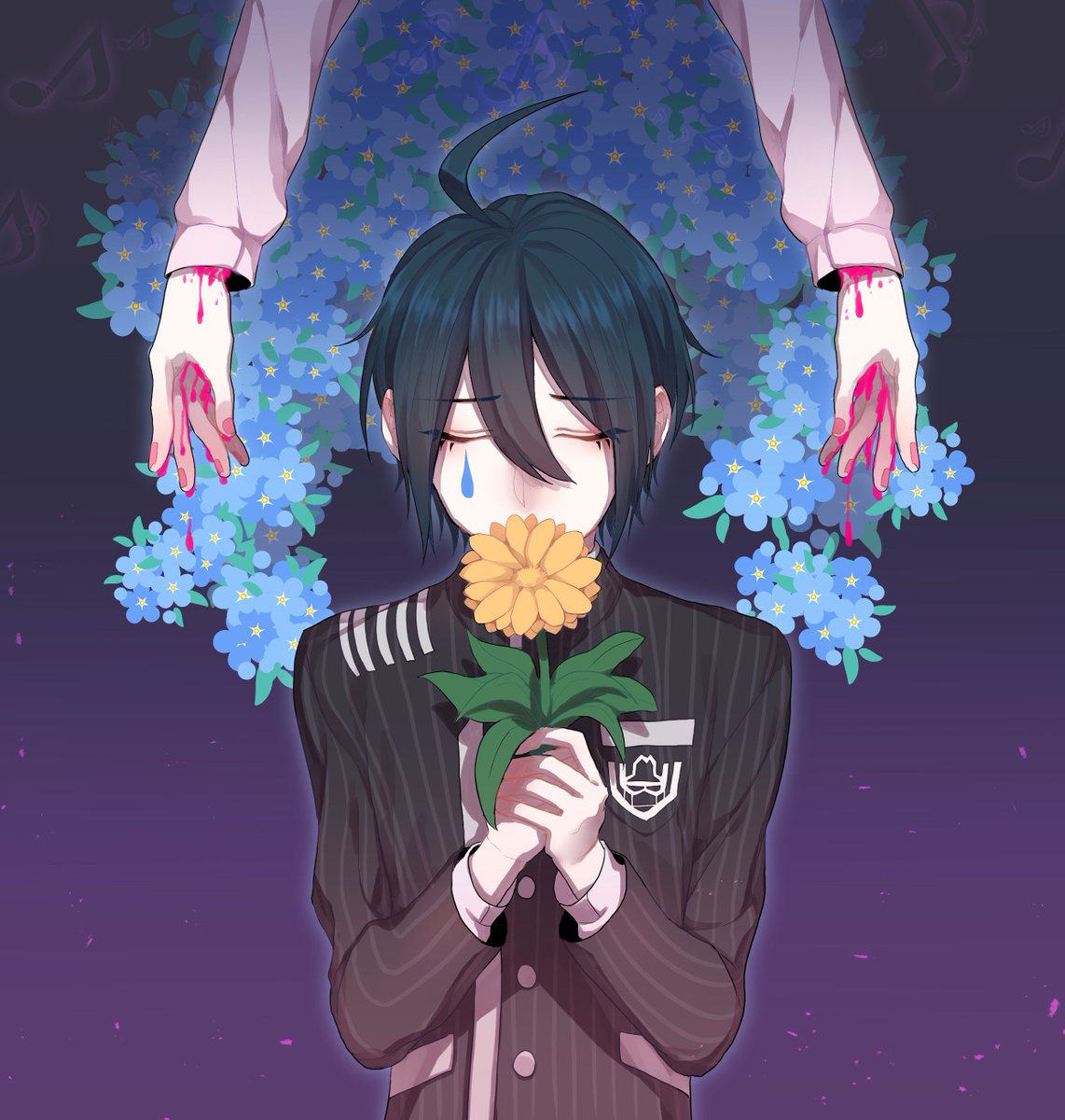 1boy ahoge bangs black_hair blue_flower closed_eyes commentary_request covered_mouth dangan_ronpa flower hair_between_eyes highres holding holding_flower layered_sleeves long_sleeves male_focus musical_note musical_note_print nail_polish nanin new_dangan_ronpa_v3 orange_flower pale_skin pink_blood saihara_shuuichi school_uniform shirt short_hair smile solo_focus striped striped_jacket teardrop_tattoo upper_body