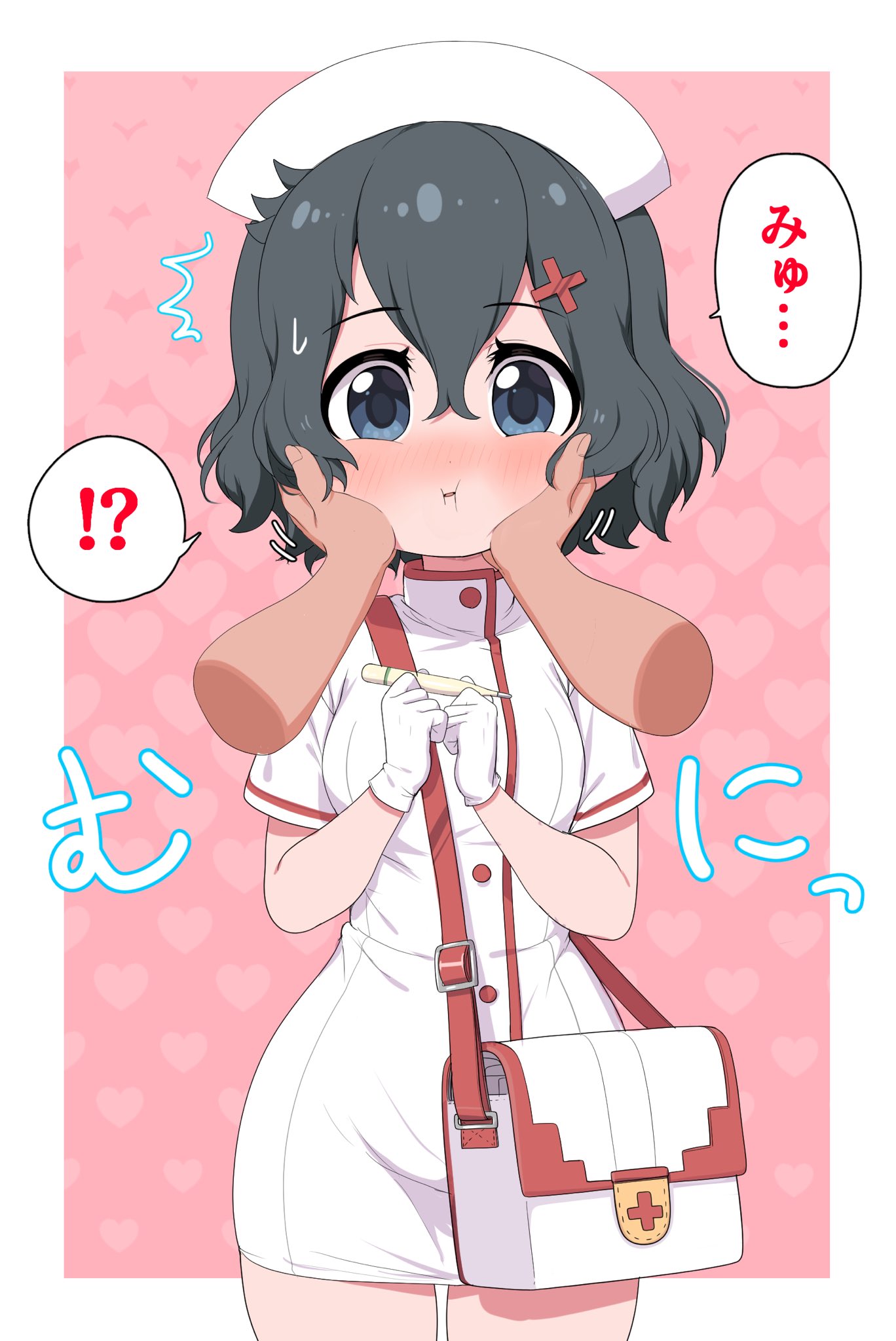 !? 1girl alternate_costume bag black_hair blue_eyes blush cheek_squash commentary_request cowboy_shot cross_hair_ornament disembodied_limb dress eyebrows_visible_through_hair gloves hair_ornament handbag highres kaban_(kemono_friends) kemono_friends looking_at_viewer nose_blush nurse pencil_dress ransusan red_cross short_hair short_sleeves solo thermometer translation_request white_dress white_gloves