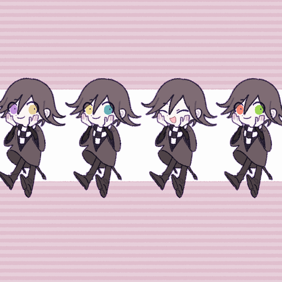 1202_koge 1boy :d ^_^ alternate_costume aqua_eyes bandana black_footwear black_hair black_pants black_shirt checkered closed_eyes commentary_request dangan_ronpa dot_nose flipped_hair full_body green_eyes hands_on_own_face hands_up heterochromia long_sleeves looking_at_viewer multiple_views new_dangan_ronpa_v3 open_mouth ouma_kokichi pants pink_background red_eyes shirt shoes smile striped striped_background violet_eyes wide_sleeves yellow_eyes