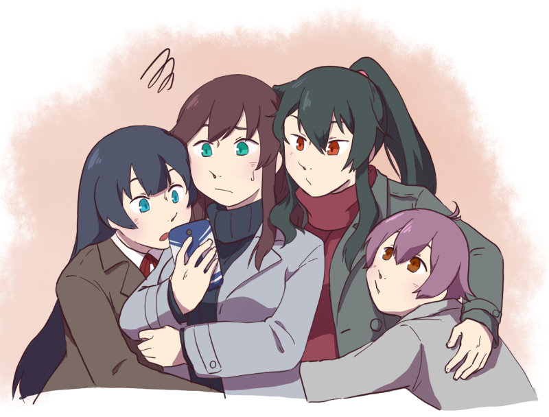 4girls agano_(kantai_collection) alternate_costume arm_around_waist betchan black_hair blue_eyes blush breasts brown_eyes brown_hair cellphone coat green_eyes hug jacket kantai_collection long_hair multiple_girls noshiro_(kantai_collection) open_mouth phone ponytail purple_hair raised_eyebrows red_eyes red_ribbon ribbon sakawa_(kantai_collection) short_hair sidelocks sweatdrop sweater turtleneck turtleneck_sweater yahagi_(kantai_collection)