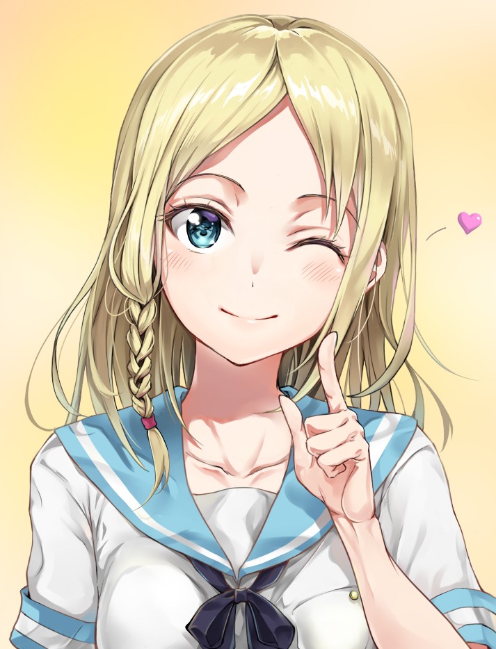 1girl ;) bangs blonde_hair blue_sailor_collar blush braid breasts closed_mouth collarbone commentary_request green_eyes hayasaka_ai haysaca_a._smithee heart index_finger_raised kaguya-sama_wa_kokurasetai_~tensai-tachi_no_renai_zunousen~ long_hair looking_at_viewer medium_breasts one_eye_closed ribbon sailor_collar sayuuiede school_uniform serafuku shirt short_sleeves single_braid skirt smile solo striped upper_body white_shirt yellow_background