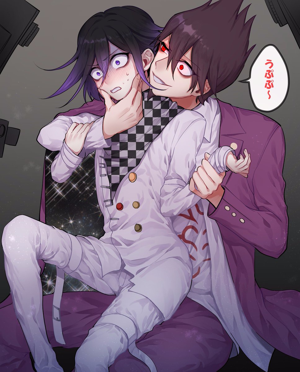 2boys arm_grab bags_under_eyes bangs beard black_hair blush camera chair checkered checkered_scarf collared_shirt commentary_request dangan_ronpa evil_grin evil_smile facial_hair feet_out_of_frame goatee grey_background grin hair_between_eyes hand_on_another's_face highres jacket long_sleeves male_focus momota_kaito multiple_boys nanin new_dangan_ronpa_v3 on_lap ouma_kokichi pants pink_jacket pink_pants print_shirt purple_hair red_eyes scarf shaded_face shirt short_hair sitting sleeves_past_wrists slim_legs smile speech_bubble spiky_hair straitjacket sweat translation_request violet_eyes white_jacket white_pants