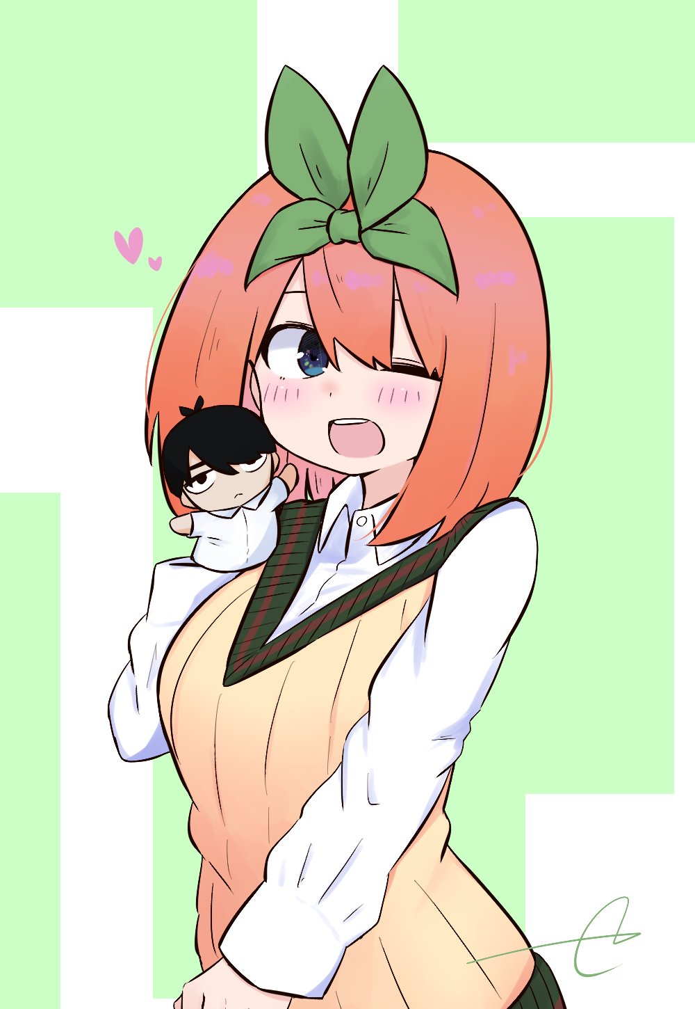 1girl ;d bangs blue_eyes blush breasts collared_shirt commentary_request dress_shirt eyebrows_behind_hair go-toubun_no_hanayome green_background green_ribbon hair_between_eyes hair_ribbon hand_puppet hand_up heart highres kujou_karasuma long_sleeves looking_at_viewer medium_breasts nakano_yotsuba one_eye_closed open_mouth orange_hair puppet ribbon shirt signature smile solo sweater_vest two-tone_background uesugi_fuutarou upper_body white_background white_shirt