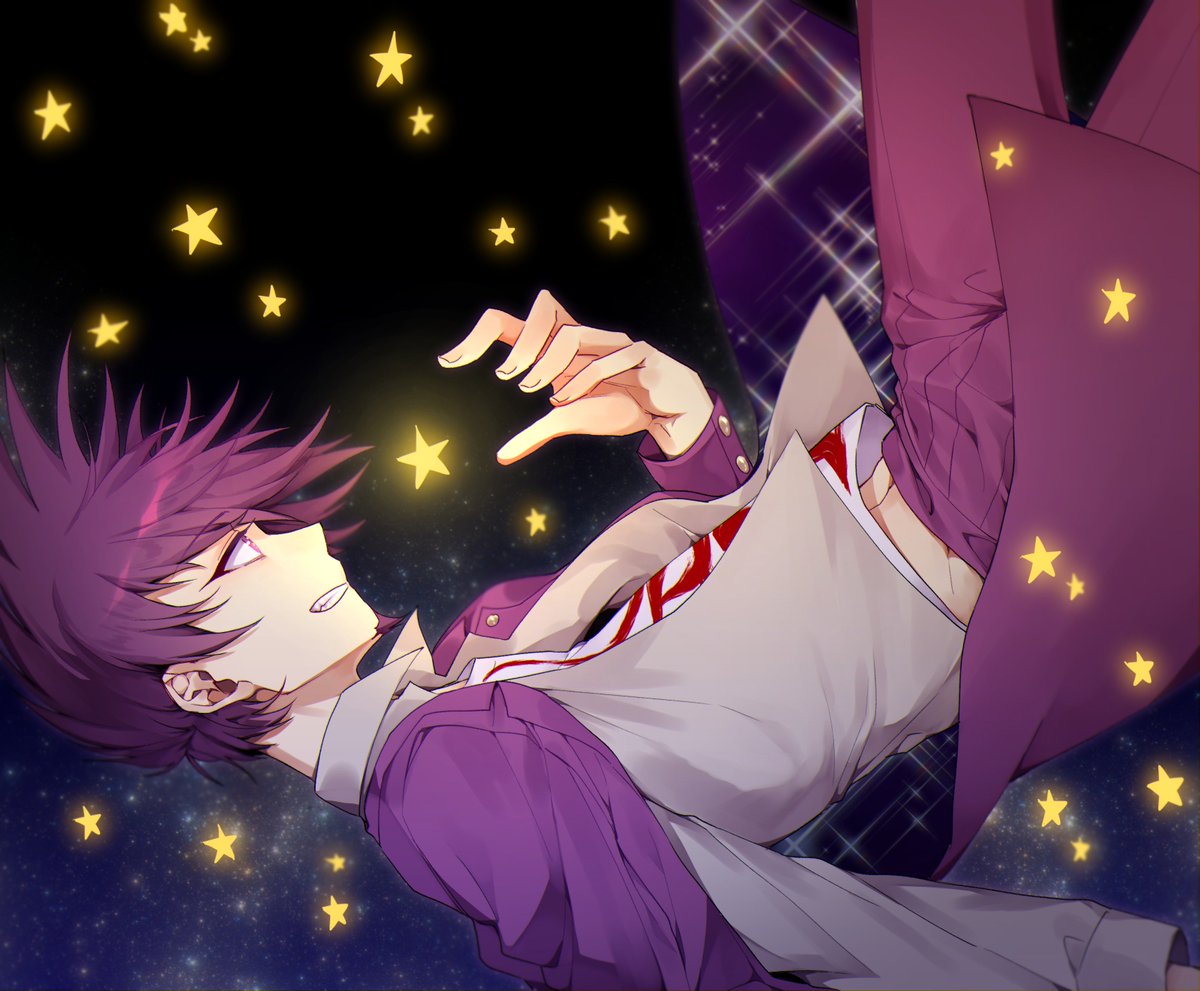 1boy beard collared_shirt commentary_request dangan_ronpa dress_shirt eyebrows_visible_through_hair facial_hair falling fang feet_out_of_frame floating_hair from_side goatee grey_shirt grin jacket jacket_on_shoulders long_sleeves looking_up male_focus midriff_peek momota_kaito nanin navel necktie new_dangan_ronpa_v3 open_clothes pants pink_jacket pink_pants print_shirt purple_hair shirt short_hair smile solo spiky_hair star_(symbol) starry_background starry_sky_print teeth violet_eyes white_shirt wing_collar
