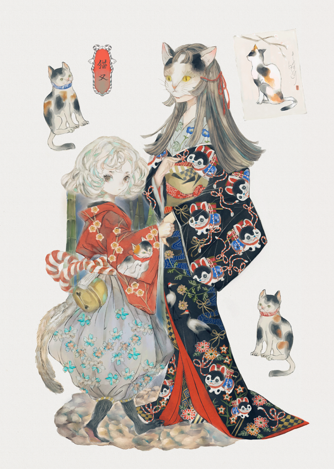 2girls bangs black_footwear brown_eyes brown_hair cat cat_mask cat_tail full_body japanese_clothes kimono long_hair long_sleeves multiple_girls navel original print_kimono puffy_pants rope short_hair standing tail white_hair wide_sleeves yellow_eyes yogisya